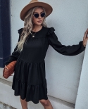 Jim  Nora Fashion Women Long Sleeve Round Neck Loose Pleated Mini Dress Casual Soild Folds Black Elegant Dresses New Ve