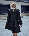 Jim  Nora Fashion Women Long Sleeve Round Neck Loose Pleated Mini Dress Casual Soild Folds Black Elegant Dresses New Ve