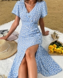 jim  nora 2022 שמלת קיץ שרוולים קצרים פרחוני מעטפת בצד שמלה מפוצלת קזואל קזואל כפתור midi שמלות אופנה נשים קיץ