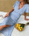 Jim  Nora 2022 Sundress Short Sleeve Floral Wrap Side Split Dress Casual Vneck Button Midi Dresses Fashion Women Summer