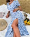 jim  nora 2022 שמלת קיץ שרוולים קצרים פרחוני מעטפת בצד שמלה מפוצלת קזואל קזואל כפתור midi שמלות אופנה נשים קיץ