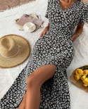 Jim  Nora 2022 Sundress Short Sleeve Floral Wrap Side Split Dress Casual Vneck Button Midi Dresses Fashion Women Summer