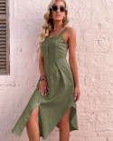 Jim  Nora 2022 Spaghetti Strap A Line Irregular Hem  Beach Sleeveless Soild Colour Dress Casual Midi Dresses Summer Hot