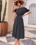 Jim  Nora Elegant Summer Beach Sundress Midi Dress Women Boho Chiffon Polka Dot Casual Midlength Temperament Retro Dres