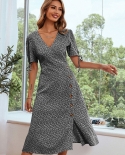 Jim  Nora Elegant Women Casual Floral Dress Short Sleeve V Neck Slim Fit Split Midi Dresses Fashion Vestidos 2022 Summe