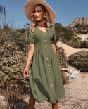 Jim  Nora Womens V Neck Button Down Casual Midi Dress A Line Short Sleeve Solid Summer Dresses Fashion Sundress