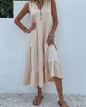 Jim  Nora Casual Summer Midi Dress Women Sleeveless Tank V Neck Buttons Ruffle Loose Dresses Beach Soild Sundress Fashi