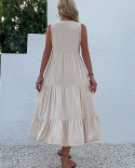 גים אנד נורה קזואל קיץ מידי שמלת נשים ללא שרוולים טנק V צוואר כפתורי סלסול שמלות רפויות חוף אדמה שמלת קיץ פאשי