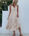 Jim  Nora Casual Summer Midi Dress Women Sleeveless Tank V Neck Buttons Ruffle Loose Dresses Beach Soild Sundress Fashi