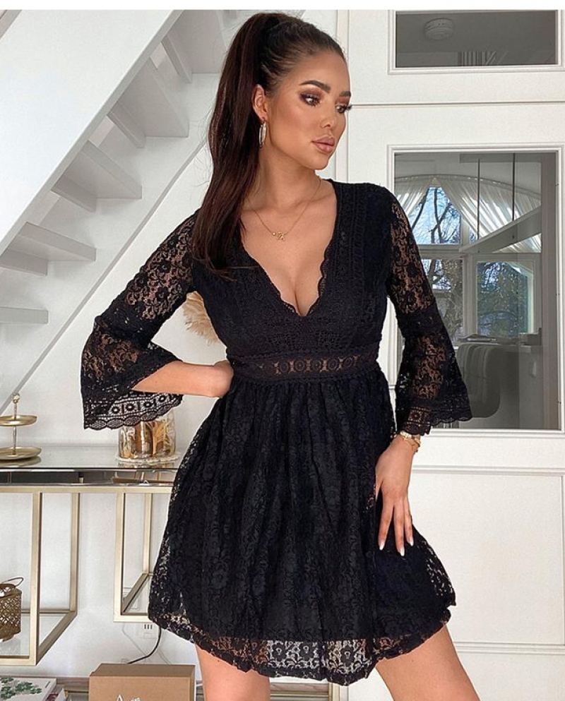 US 31.59 Lace Black Dress Fashion Casual V Neck Flare Sleeve Beach Party Dresses Women Elegant Hollow Out Spring Summer Dresses Description