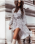 Autumn Spring  V Neck Women Dress Fashion Casual Long Sleeve Polka Dot Leopard Elegant Lace Up Beach Party Dresses For F