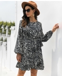 Autumn Winter Mini Dress Women Fashion Leopard Ruffles Lace Up Long Sleeve Office Elegant Casual Dresses For Women Robe 