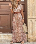 Summer Dress Woman Boho Fashion  V Neck Beach Dress Casual Sashes Short Sleeve Floral Party Maxi Dresses For Robe Femmed