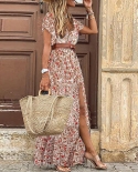 Summer Dress Woman Boho Fashion  V Neck Beach Dress Casual Sashes Short Sleeve Floral Party Maxi Dresses For Robe Femmed