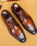 Italy Flat Men Original Leather Polished Designer Brand Brogues Dress Carved Suit Genuine Leather Brown Laces Wedding Sh