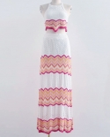 Knitted Vintage Stripes Knit 2 Pieces Sets Women Halter Neck Crop Top And High Waist Long Skirt Summer 2022 Backless Ski