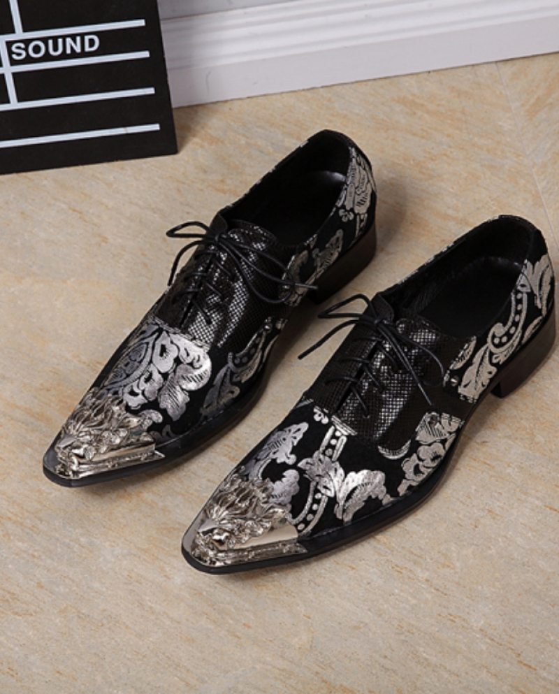 Fashion Men Wedding Dance Shoes Trendy Silver Party Business Footwear Luxury Genuine Leather  Metal Pointed Toe Man Dres