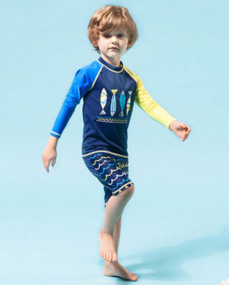 ملابس السباحة للأطفال للأولاد واقية من الشمس بدلة سباحة طويلة الأكمام منقسمة سمكة القرش التجفيف السريع لركوب الأمواج