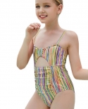Childrens New Color Striped One-piece Bikini Adjustable Straps Open Back Girls Swimsuit