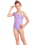 New Childrens One-piece Bikini Solid Color Oblique One-shoulder Ruffled Sling Girls Swimwear