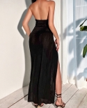 Vestido de verano para mujer 2022 Chic y elegante con cuello en V negro sin espalda con hombros descubiertos tul moda playa Fest