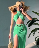 Vestidos de túnica de punto de cuello halter con hombros descubiertos y espalda descubierta Vintage elegante de lujo verde para 