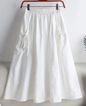 Zoki Summer  Women Cargo Skirts Fashion Bow Elastic High Waist Pure Cotton Midi Skirts  Loose Solid A Line Ladies Skirt
