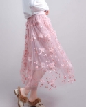 Zoki Luxury Women Skirts  Style Fashion Elastic Waist Appliques Embroidery Floral Mesh Skirt Long Gauze Ball Gown Skirt
