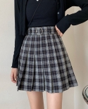Zoki Vintage High Waist Women Pleated Skirts Grey Plaid A Line Summer  Zipper Up A Line Girls Mini Skirts Casual Faldas