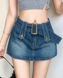 Zoki Blue Women Denim Skirts High Waist Fashion Belt Lining Shorts A Line Y2k Jean Skirts Streetwear Summer Ladies Skirt