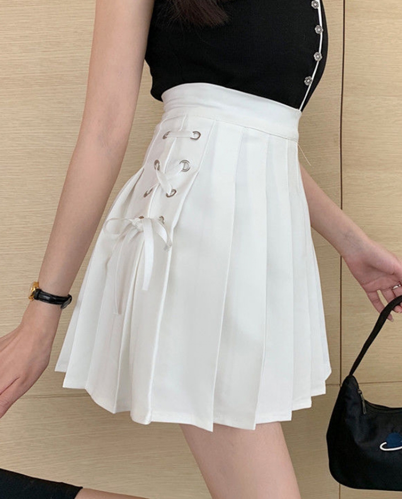 Zoki Fashion Bandage Women Pleated Skirts High Waist Summer  A Line Ladies White Mini Skirt  Student Girls Dance Skirt