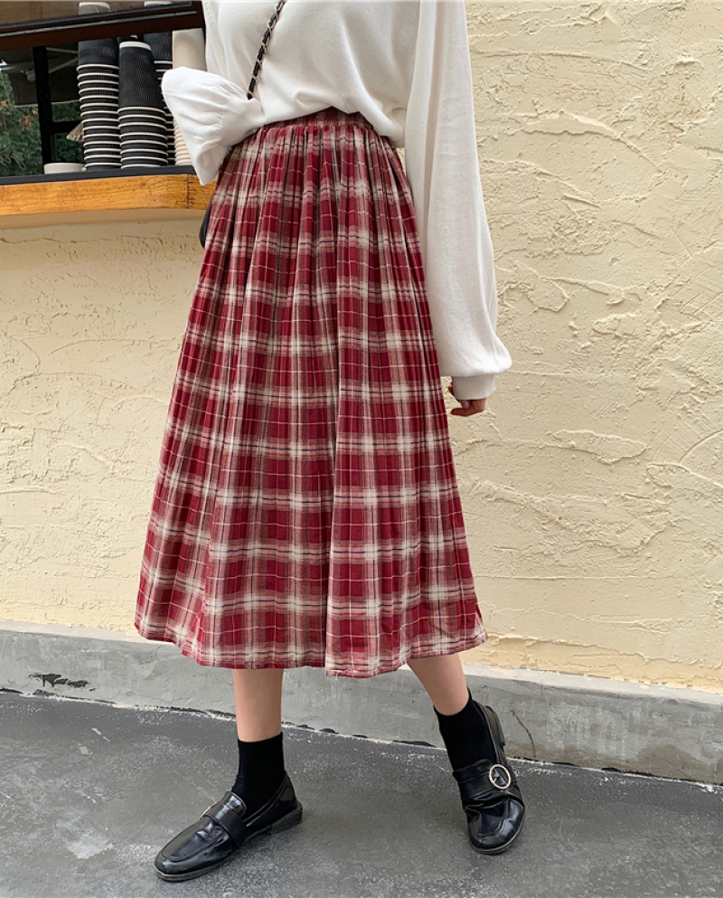 Zoki Fashion Plaid Women Midi Skirt High Waist New 2022 Spring Red A Line Elegant  Black Female Long Pleated Skirtsskirt