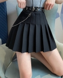 Zoki High Waist Women Pleated Skirt Summer Fashion Belt A Line Black Mini Skirt Preppy Style Girls School Dance Chic Ski
