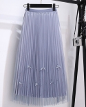 Zoki Elegant Bow Women Tulle Skirt Pearl  Style Fashion Mesh White Pleated Skirts High Waist Casual Female Long Skirts