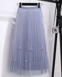 Zoki Elegant Bow Women Tulle Skirt Pearl  Style Fashion Mesh White Pleated Skirts High Waist Casual Female Long Skirts
