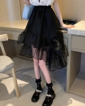 Zoki Summer Fashion Ruffles Tulle Skirt High Waist Mesh White Black Designed Ladies Irregular Skirt Elegant Female Party