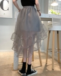 Zoki Summer Fashion Ruffles Tulle Skirt High Waist Mesh White Black Designed Ladies Irregular Skirt Elegant Female Party