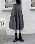 Zoki Gothic Women Midi Skirt Streetwear Club High Waist Black A Line Metal Chain Loose Long Skirt Fashion  Mujer Faldass