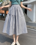 Zoki A Line Women Long Skirt Summer Stretch Fashion Striped Causal Pocket Black Midi Skirt  Loose Elegant Ladies Skirts 