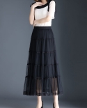 Zoki Elegant Women Tulle Long Skirt High Waist Mesh Black Designed Ladies Pleated Skirt Casual  Summer Female A Line Ski