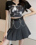 Zoki Dark Academic Women Pleated Skirts Fashion Chain Belt High Waist Mini Skirts Black Designed Dancing A Line Skirt Ne