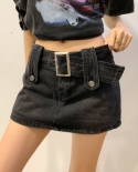 Zoki Low Waist Women Mini Skirts Black Summer Belt  A Line Denim Skirts  Fashion Streetwear New 2022 Y2k Jeans Skirtskir