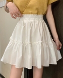 Zoki Elegant White Women Mini Skirt Elastic High Waist A Line Fashion Ruffles Student Skirts Summer Black Casual Ladies 