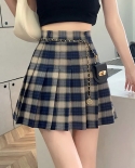 Zoki Vintage Plaid Women Mini Skirt Fashion Chain Belt Pleated Skirts Jk Bag High Waist Student Summer A Line Coffee Gir