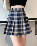 Zoki Vintage Plaid Women Mini Skirt Fashion Chain Belt Pleated Skirts Jk Bag High Waist Student Summer A Line Coffee Gir