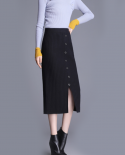 Zoki Knitted Women Skirt Autumn High Waist Thick Black Elastic Single Breasted Pencil Skirt Fashion  Winter Midi Skirtss