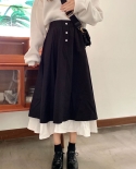 Zoki High Waist Women Long Skirts Fashion A Line Patchwork  Ruffles Female Midi Skirts Black Autumn Button Ladies Skirt