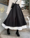 Zoki High Waist Women Long Skirts Fashion A Line Patchwork  Ruffles Female Midi Skirts Black Autumn Button Ladies Skirt