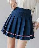 Zoki Striped Women Pleated Skirts  High Waist Elastic Summer A Line Girls Dance Mini Skirt White Fashion Sweet Female Sk