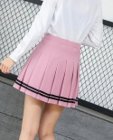 Zoki Striped Women Pleated Skirts  High Waist Elastic Summer A Line Girls Dance Mini Skirt White Fashion Sweet Female Sk